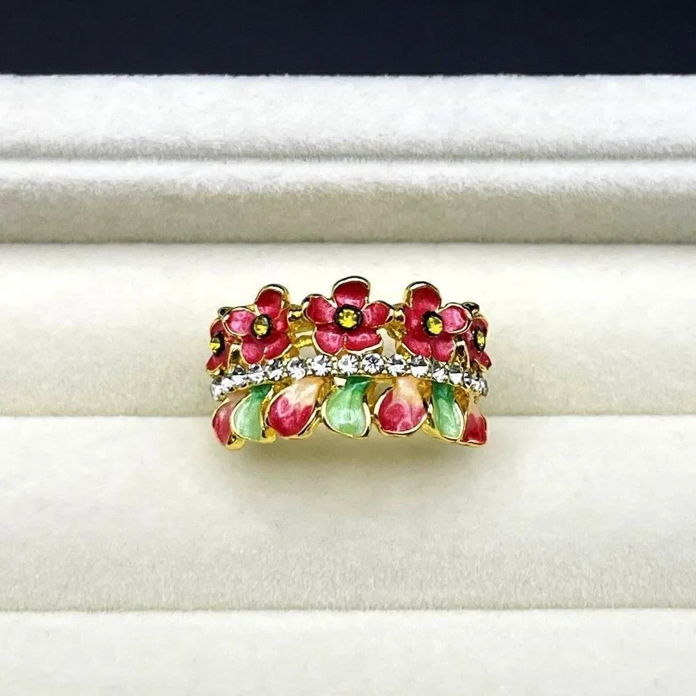 Yellow Gold with Citrine and Diamond Crystal Enamel Leaf and Flower Ring Size 6
